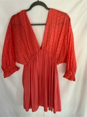 Eyelet V-Neck Mini Dress in Coral Red